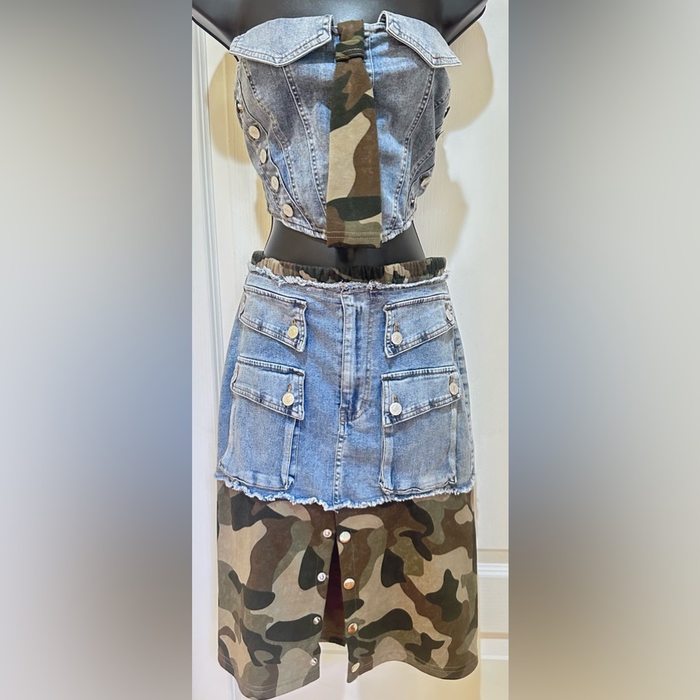 Upcycled Camouflage and Denim Skirt set size L - Picture 4 of 7